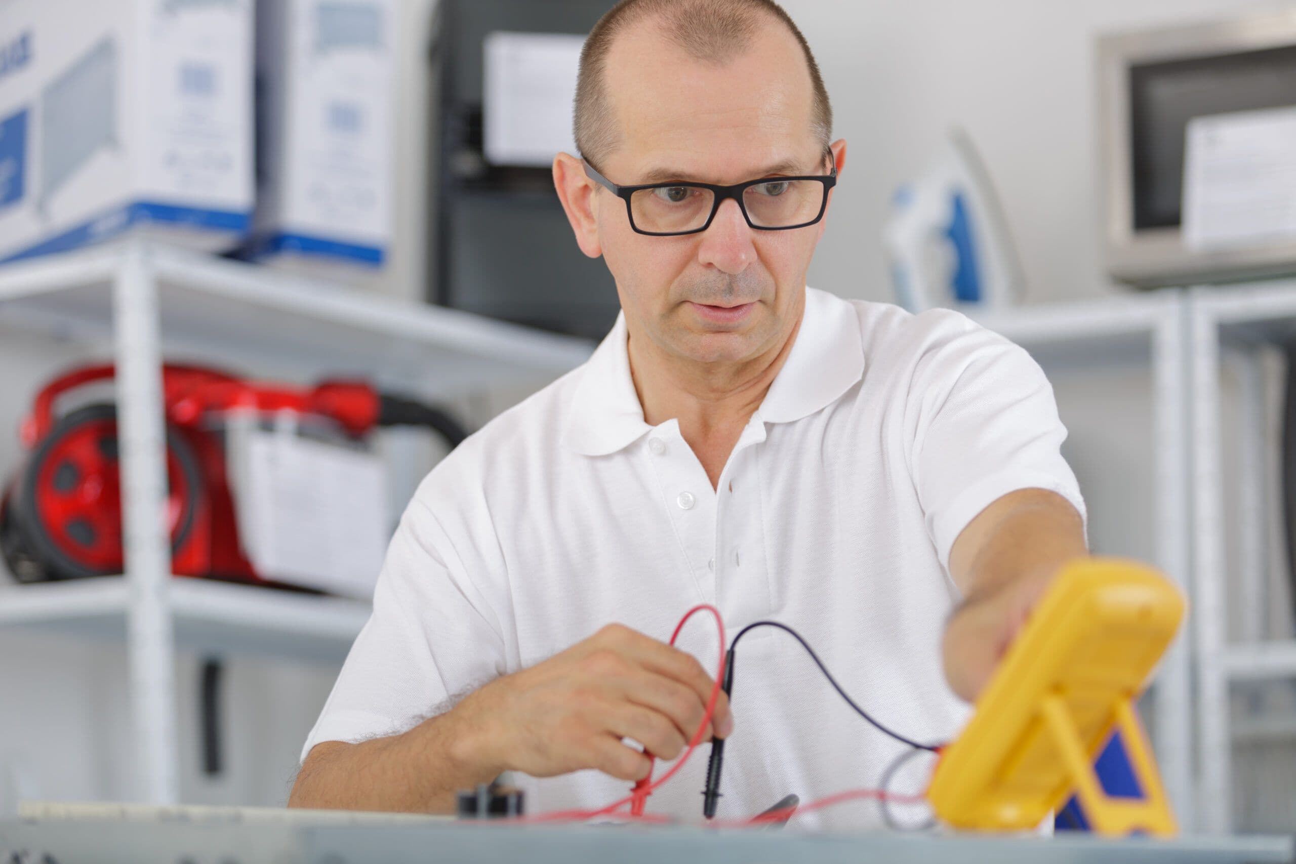 Técnico midiendo con un multímetro en un taller de reparación